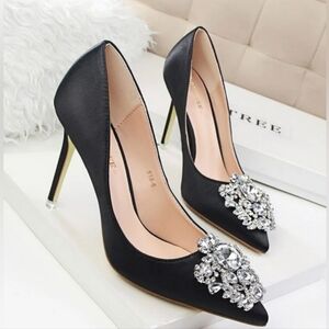 Rhinestone Decor Satin Stiletto Court Heels Shoes Pump 40